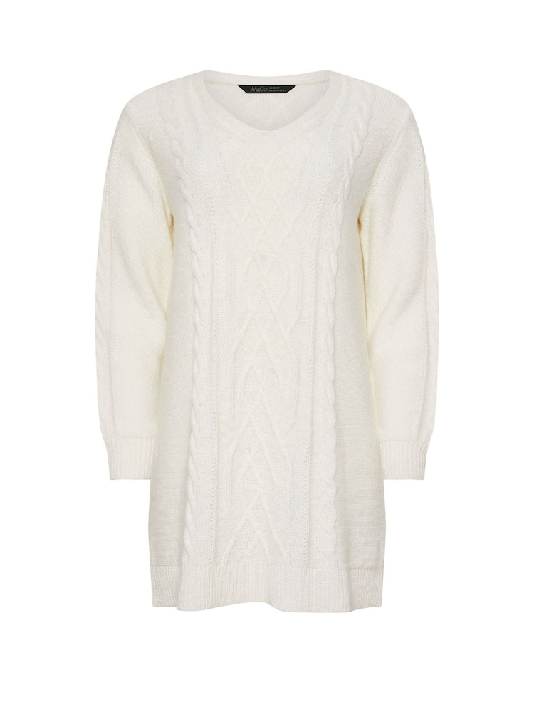 M&Co Ivory White V-Neck Cable Knit Tunic Jumper - Image 5 of 5