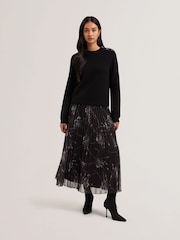 Ted Baker Black Tavora Pleated Printed Elasticated Waist Midi Skirt - Image 1 of 5