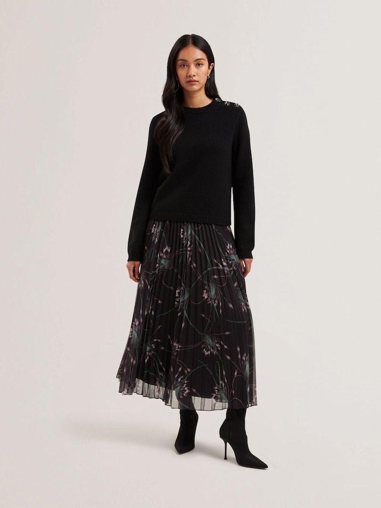 Ted Baker Black Tavora Pleated Printed Elasticated Waist Midi Skirt - Image 1 of 5