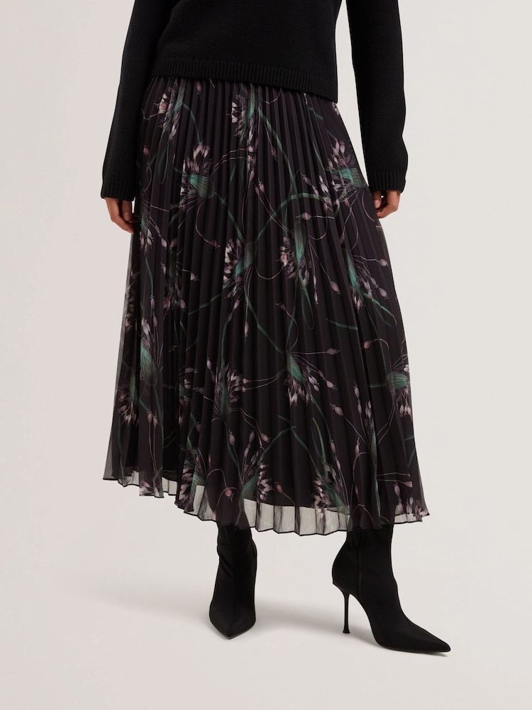 Ted Baker Black Tavora Pleated Printed Elasticated Waist Midi Skirt - Image 2 of 5