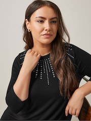 Evans 3/4 Sleeve Embellished Cut And Sew Black Top - Image 3 of 6