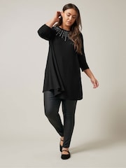Evans 3/4 Sleeve Embellished Cut And Sew Black Top - Image 4 of 6