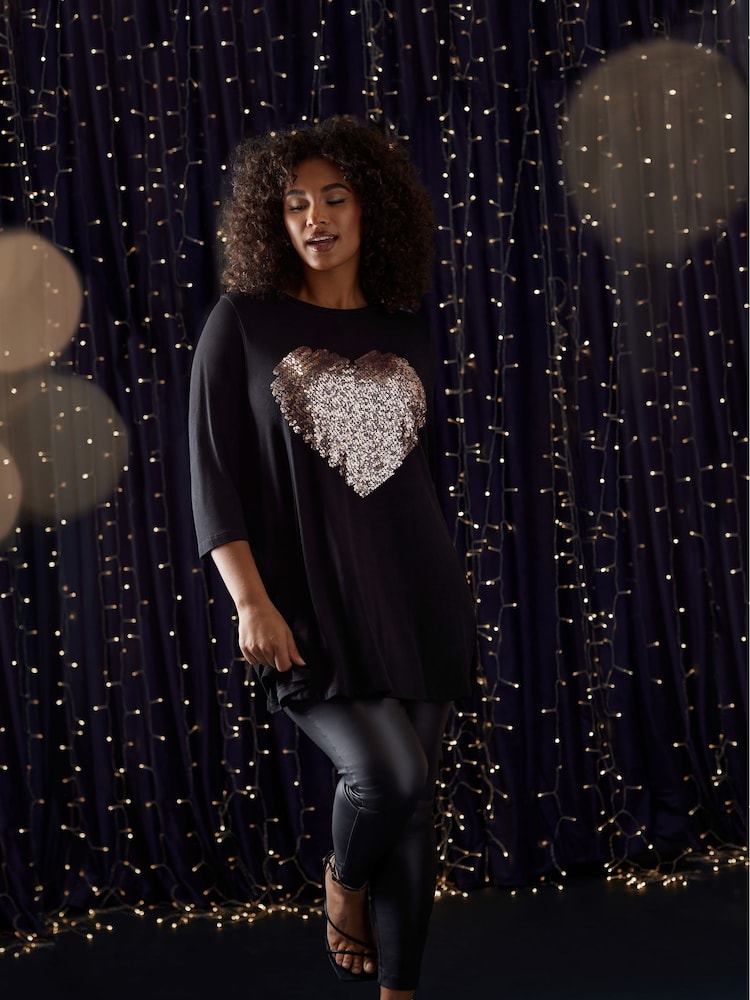 Evans 3/4 Sleeve Embellished Cut & Sew Black Top - Image 1 of 6 Evans 3/4 Sleeve Embellished Cut & Sew Black Top - Image 1 of 6