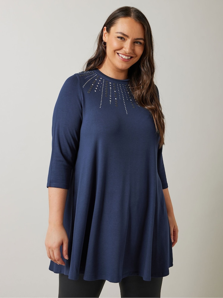 Evans 3/4 Sleeve Embellished Cut And Sew Black Top - Image 1 of 5 Evans 3/4 Sleeve Embellished Cut And Sew Black Top - Image 1 of 5