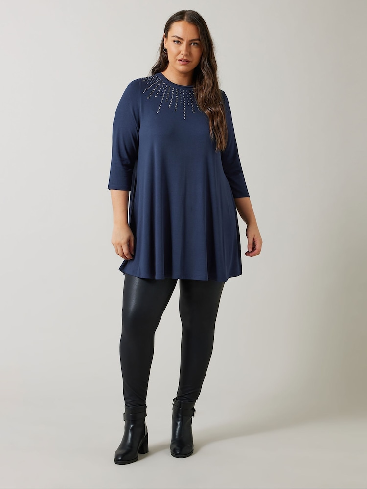 Evans 3/4 Sleeve Embellished Cut And Sew Black Top - Image 2 of 5 Evans 3/4 Sleeve Embellished Cut And Sew Black Top - Image 2 of 5