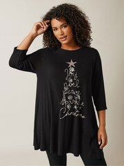 Evans 3/4 Sleeve Chrsitmas Embellished Cut And Sew Black Top - Image 1 of 5