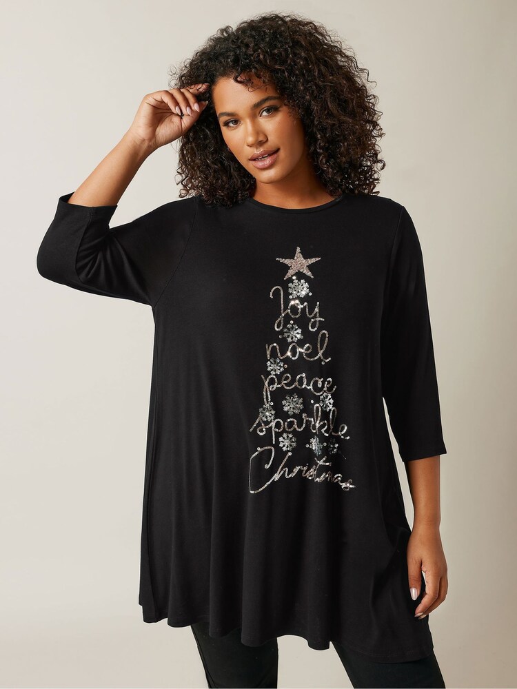 Evans 3/4 Sleeve Chrsitmas Embellished Cut And Sew Black Top - Image 1 of 5