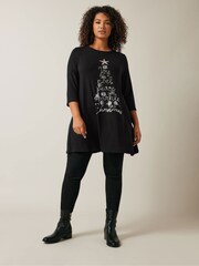 Evans 3/4 Sleeve Chrsitmas Embellished Cut And Sew Black Top - Image 2 of 5