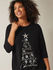 Evans 3/4 Sleeve Chrsitmas Embellished Cut And Sew Black Top - Image 4 of 5
