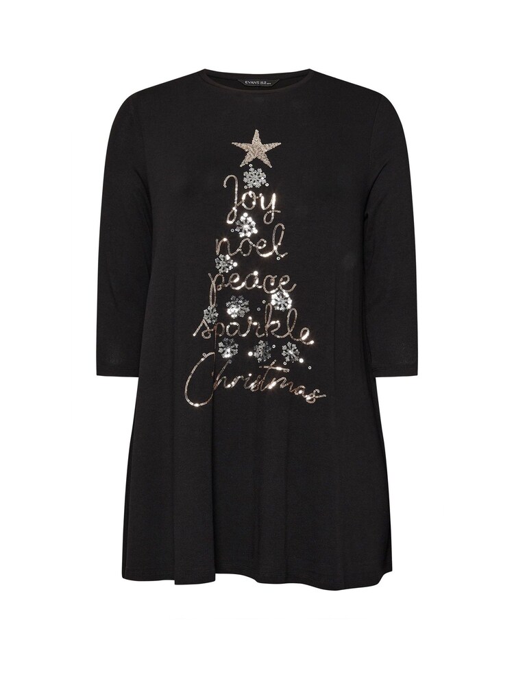 Evans 3/4 Sleeve Chrsitmas Embellished Cut And Sew Black Top - Image 5 of 5