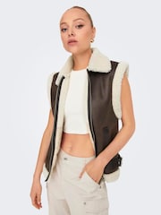ONLY Brown Teddy Lined Aviator Gilet - Image 1 of 6