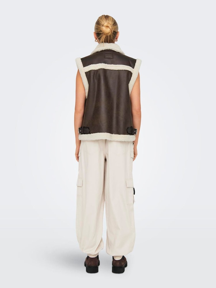 ONLY Brown Teddy Lined Aviator Gilet - Image 2 of 6