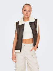 ONLY Brown Teddy Lined Aviator Gilet - Image 3 of 6