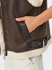 ONLY Brown Teddy Lined Aviator Gilet - Image 4 of 6