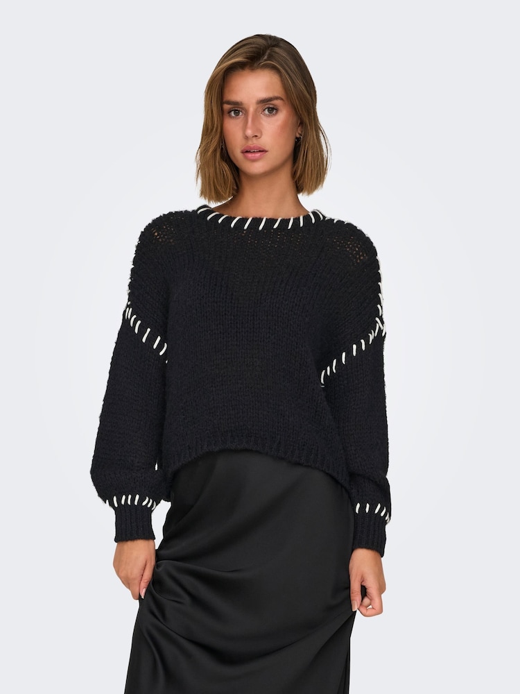 ONLY Black Contrast Stitch Knitted Jumper - Image 1 of 7