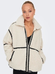 ONLY Cream Faux Leather Trim Teddy Jacket - Image 1 of 7