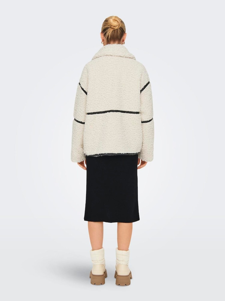 ONLY Cream Faux Leather Trim Teddy Jacket - Image 2 of 7