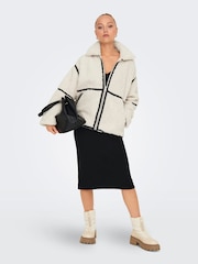 ONLY Cream Faux Leather Trim Teddy Jacket - Image 3 of 7
