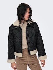 ONLY Black Padded Borg Jacket - Image 1 of 6