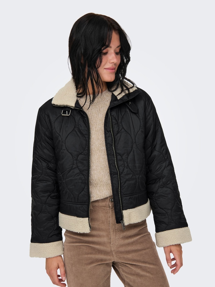 ONLY Black Padded Borg Jacket - Image 1 of 6