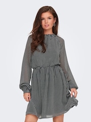 ONLY Black Long Sleeve Check Patterned Waisted Mini Dress - Image 1 of 7