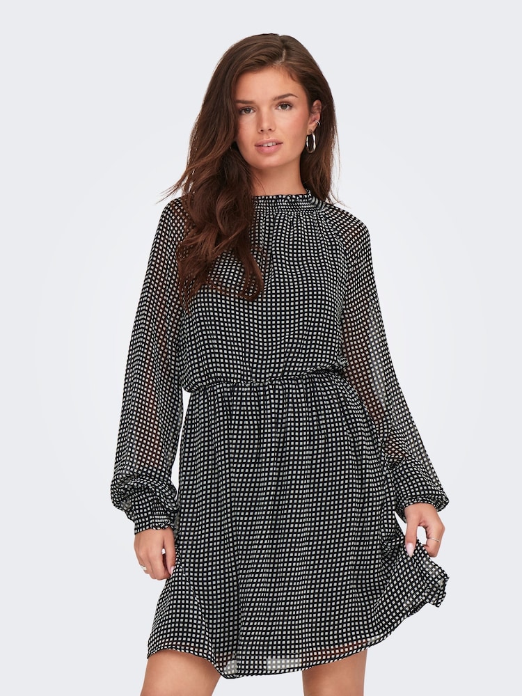 ONLY Black Long Sleeve Check Patterned Waisted Mini Dress - Image 1 of 7