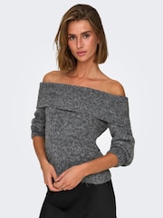 ONLY Grey Long Sleeve Bardot Knitted Fluffy Jumper - Image 1 of 8
