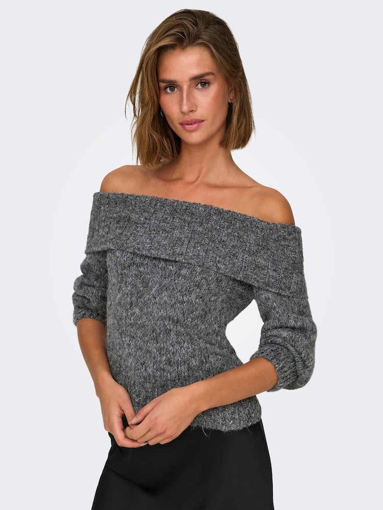 ONLY Grey Long Sleeve Bardot Knitted Fluffy Jumper - Image 1 of 8