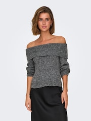 ONLY Grey Long Sleeve Bardot Knitted Fluffy Jumper - Image 2 of 8