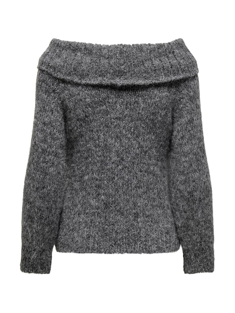 ONLY Grey Long Sleeve Bardot Knitted Fluffy Jumper - Image 8 of 8