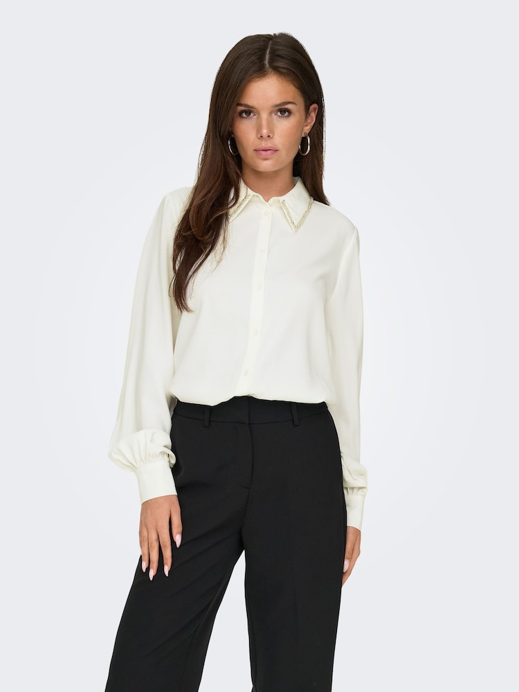 ONLY White Long Sleeve Embellished Collar Shirt - Image 1 of 7