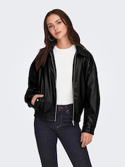 ONLY Black Faux Leather Bomber Jacket - Image 1 of 3