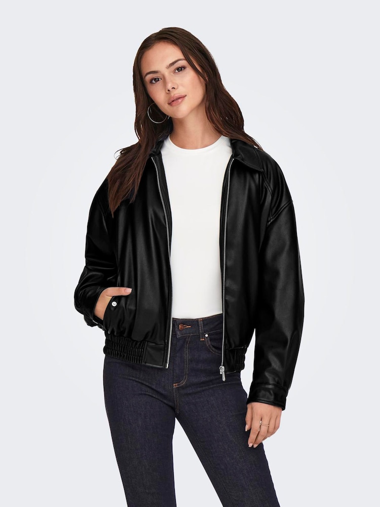 ONLY Black Faux Leather Bomber Jacket - Image 1 of 3