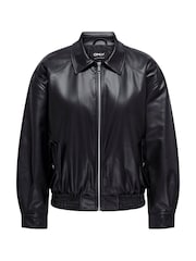 ONLY Black Faux Leather Bomber Jacket - Image 2 of 3