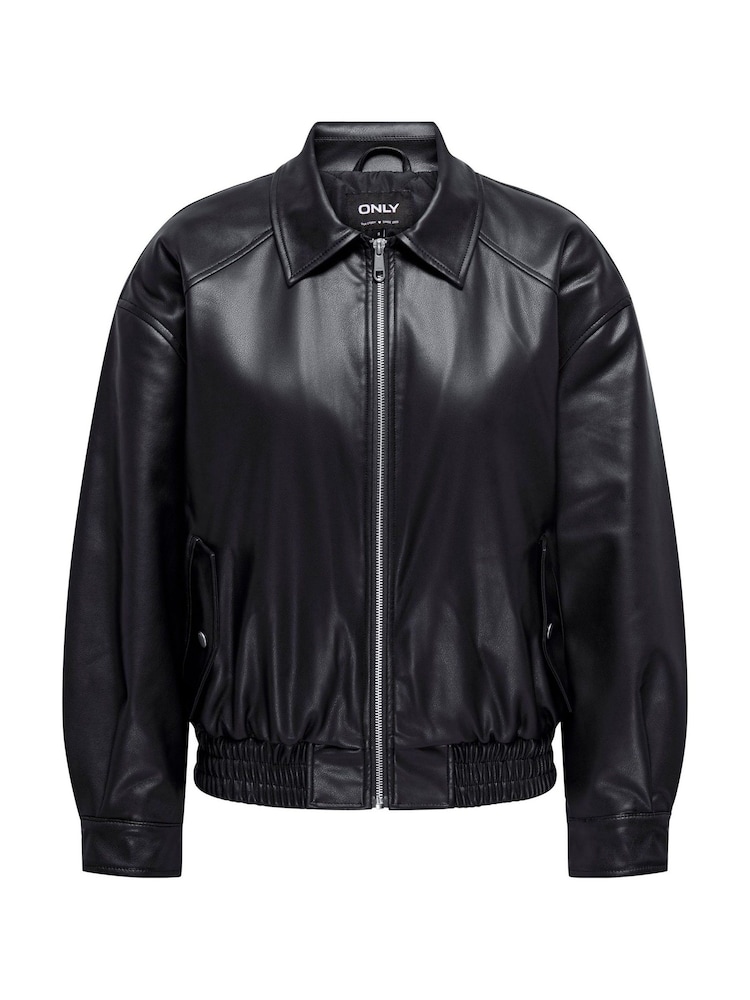 ONLY Black Faux Leather Bomber Jacket - Image 2 of 3