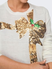 ONLY White Sequin Bow Knitted Christmas Jumper - Image 4 of 6