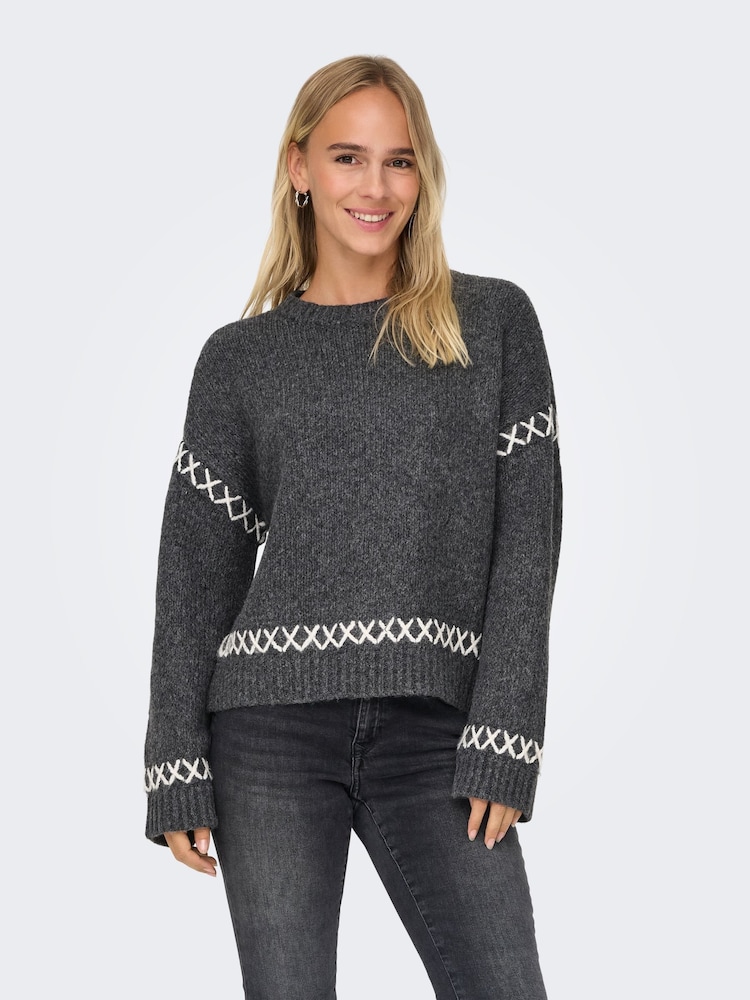 ONLY Grey Contrast Stitch Knitted Pullover Jumper - Image 2 of 7