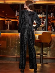 Sosandar Black Sparkle Velvet Bow Detail Jumpsuit - Image 3 of 5
