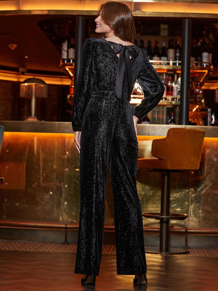 Sosandar Black Sparkle Velvet Bow Detail Jumpsuit - Image 3 of 5