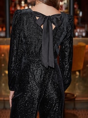 Sosandar Black Sparkle Velvet Bow Detail Jumpsuit - Image 4 of 5