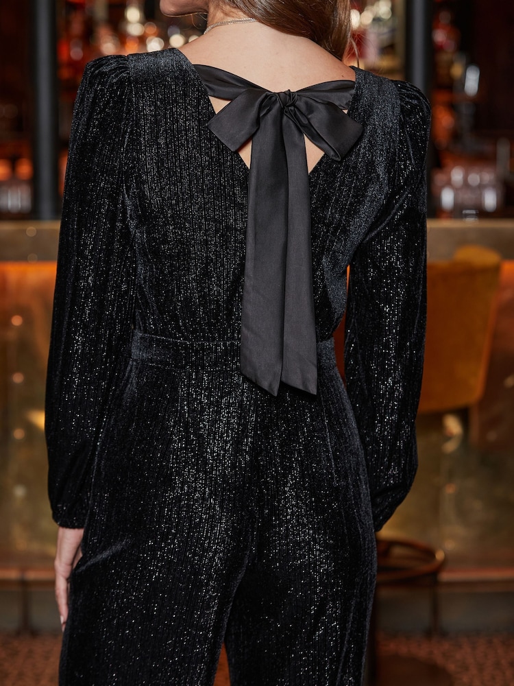 Sosandar Black Sparkle Velvet Bow Detail Jumpsuit - Image 4 of 5
