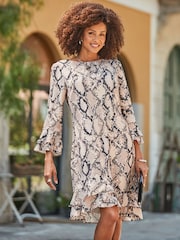 Sosandar Natural Snake Print Ruffle Hem Shift Dress - Image 1 of 5