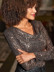 Sosandar Metallic Petite Petite Contrast Trim Frill Detail One Shoulder Top - Image 5 of 5