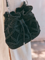 Rockett St George Black Leather Macrame Cross-Body Bag - Image 3 of 4