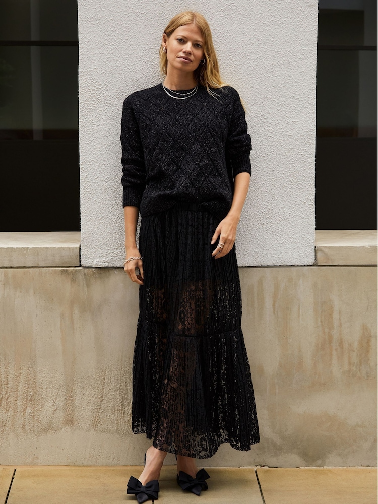 Baukjen Alice Recycled Lace Black Midi Skirt - Image 1 of 4