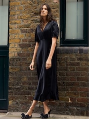 Baukjen Cathy Satin V-Neck Black Midi Dress - Image 1 of 5