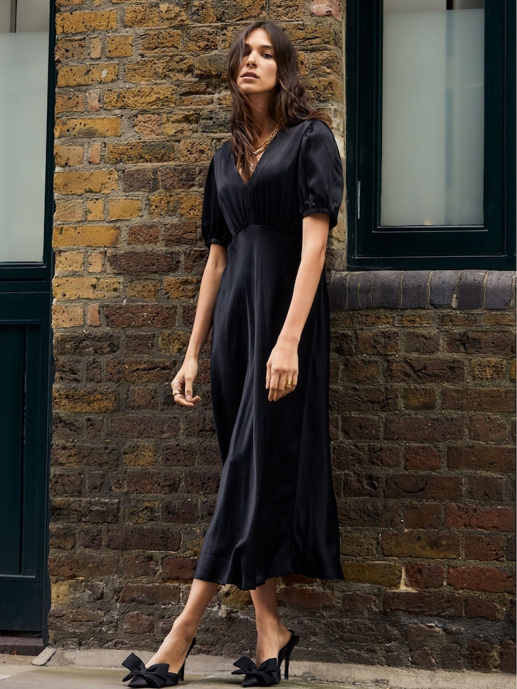 Baukjen Cathy Satin V-Neck Black Midi Dress - Image 1 of 5