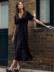 Baukjen Cathy Satin V-Neck Black Midi Dress - Image 2 of 5