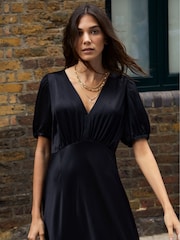 Baukjen Cathy Satin V-Neck Black Midi Dress - Image 3 of 5