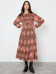 Another Sunday Pink Geo Print Seam Detail Balloon Sleeve Tiered Midi Dress - Image 1 of 4